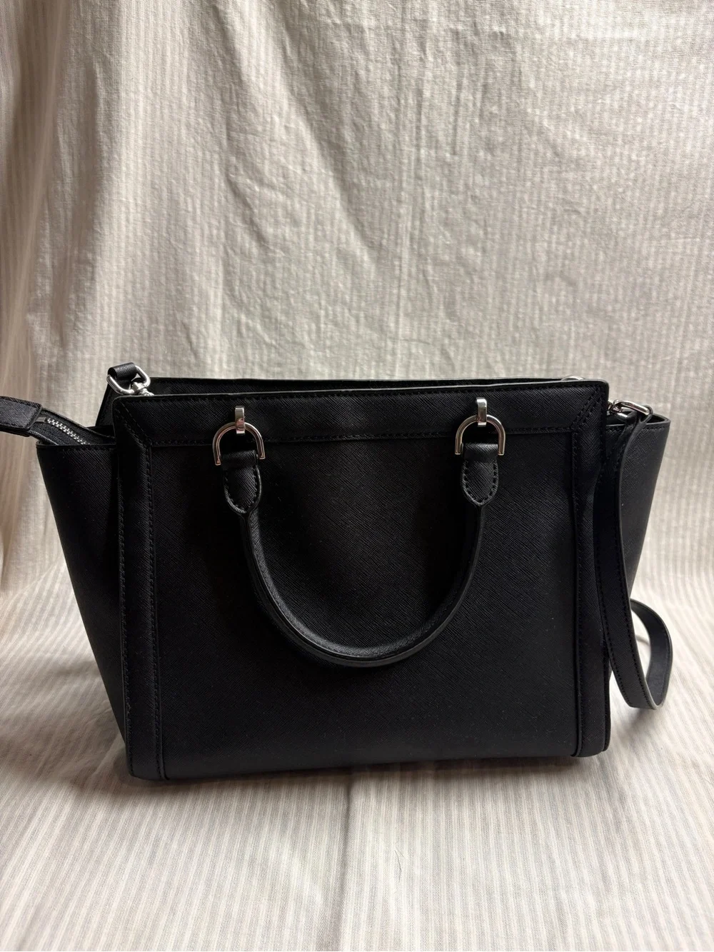 Michael Kors Black Leather Tote with Silver-Tone Hardware